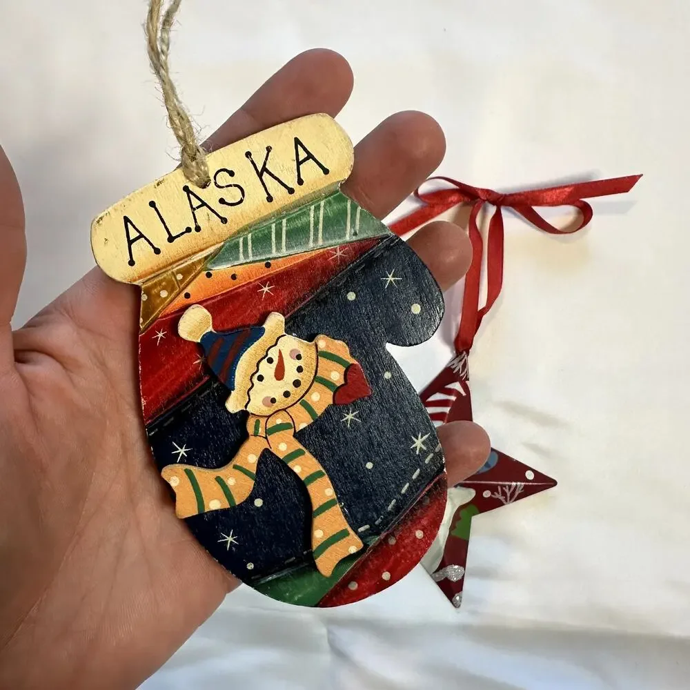 Primitive Christmas Bundle Of 2 Snowman Alaska Tree Ornaments